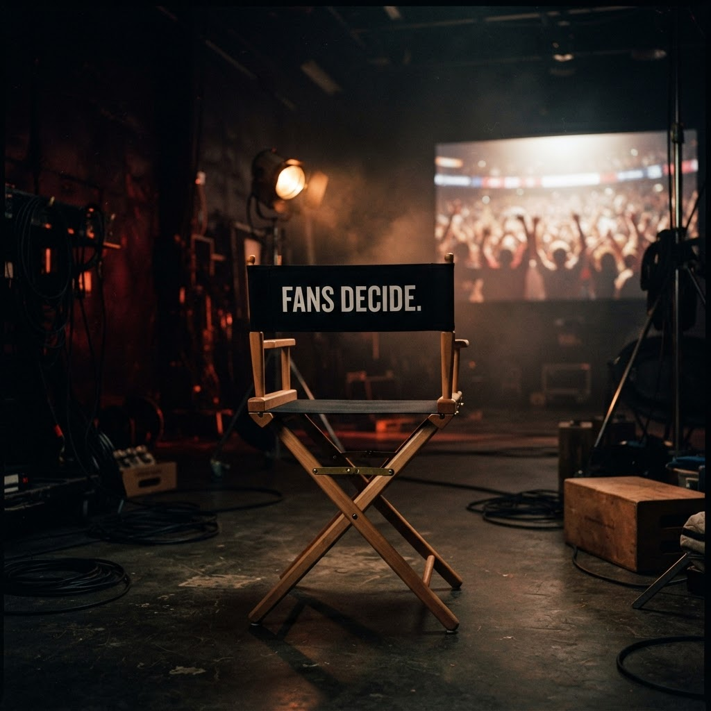 A director's chair reading 'Fans Decide' on a cinematic film set