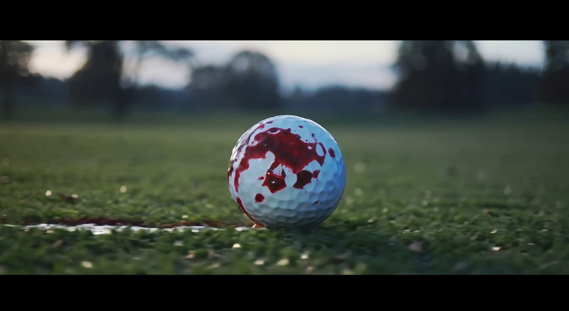 A blood-streaked golf ball rests on a putting green