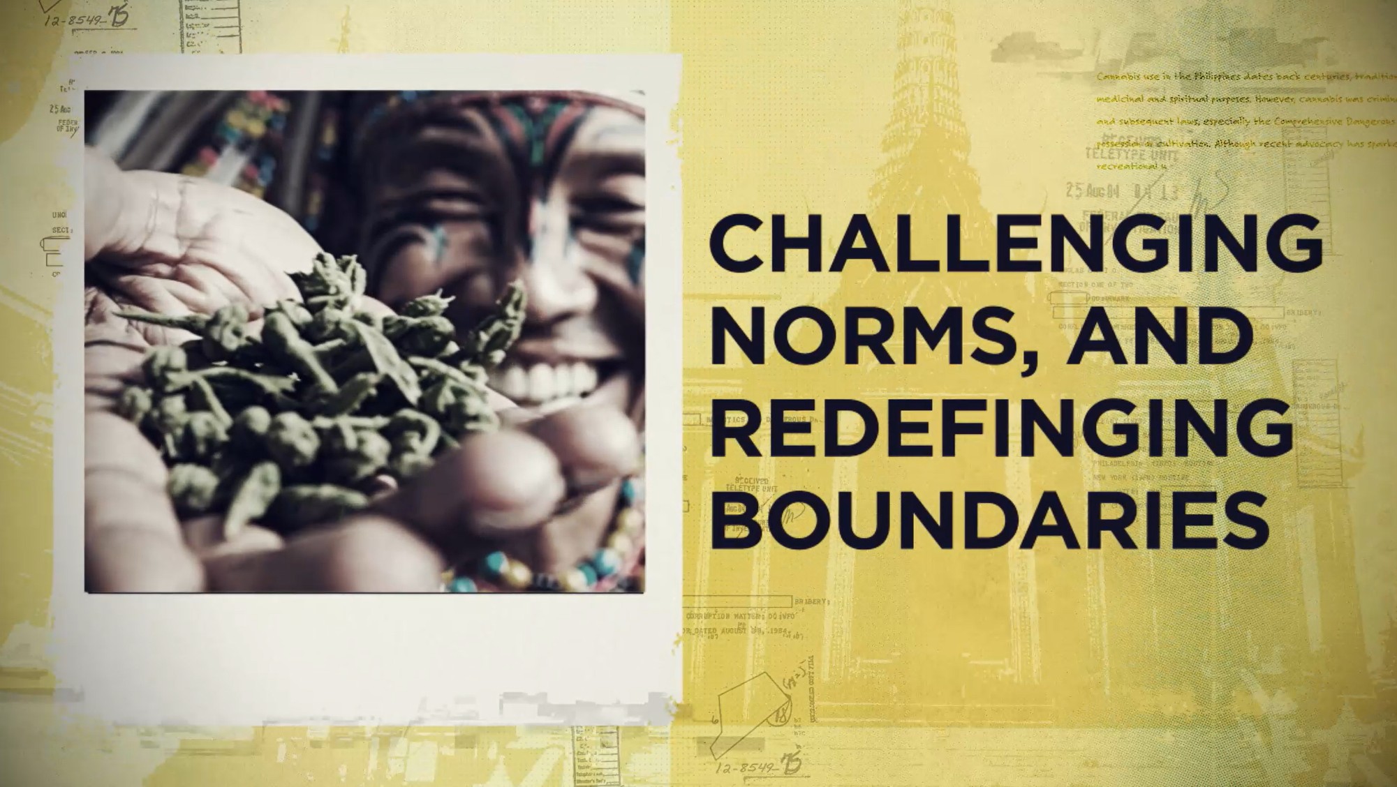 People holding harvested cannabis beside the words challenging norms and redefining boundaries