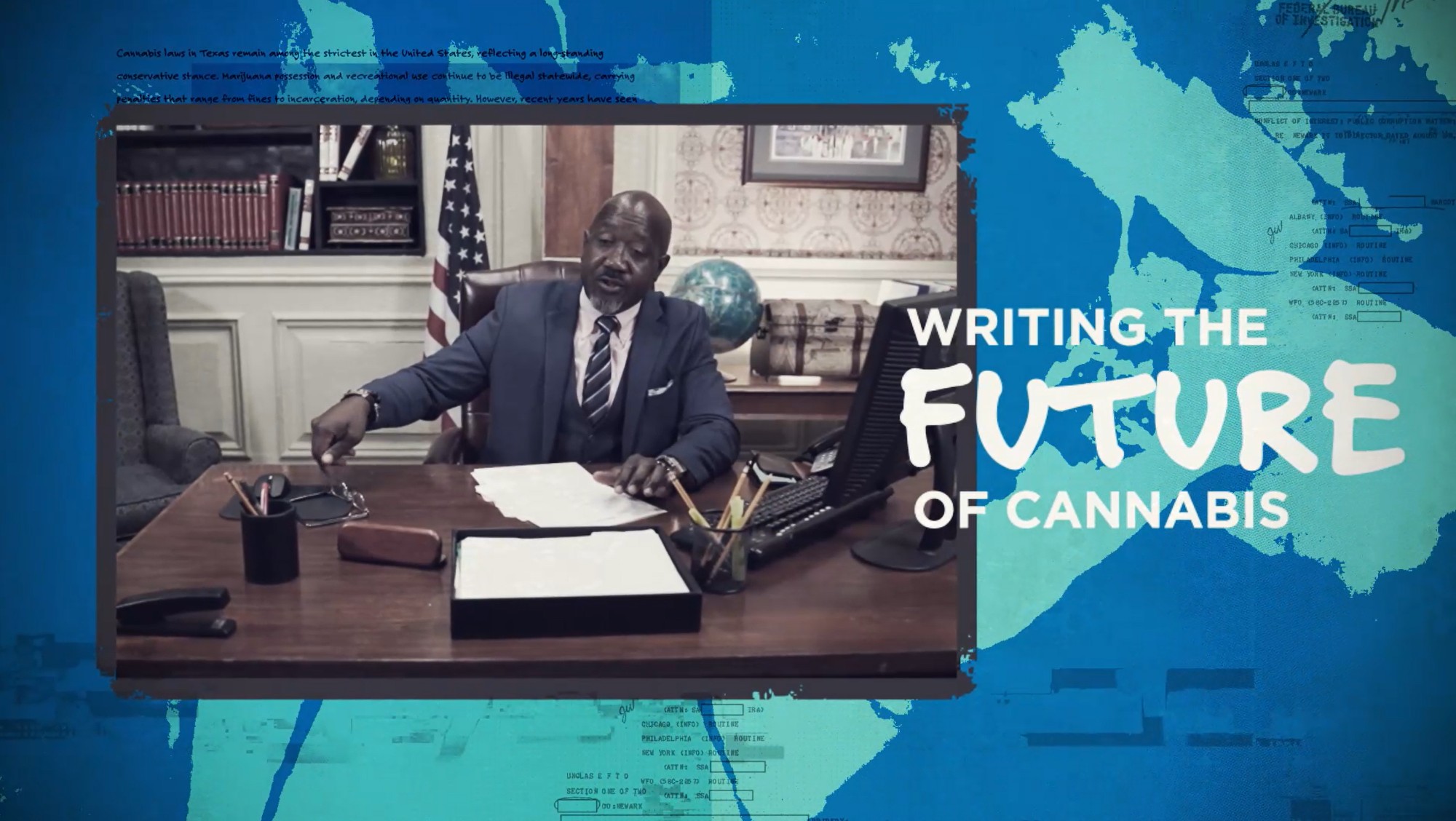 An official seated at a desk beside the words writing the future of cannabis